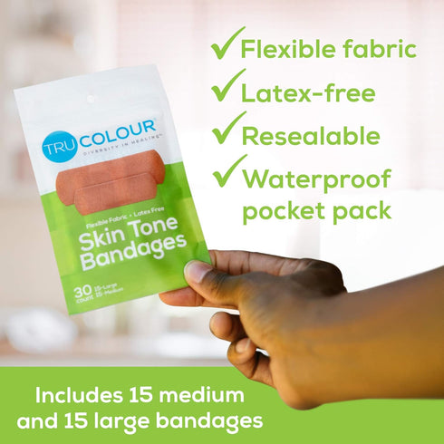 Skin Tone Bandages, Olive-Moderate Brown, Single Bag (30-Count; Green Bag)