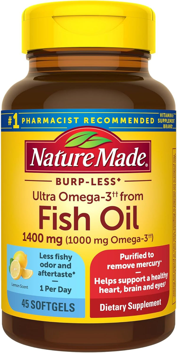 Nature Made Burp Less Ultra Omega 3 Fish Oil - 45 Softgels, 1400 mg, Supports Healthy Heart, Brain and Eyes