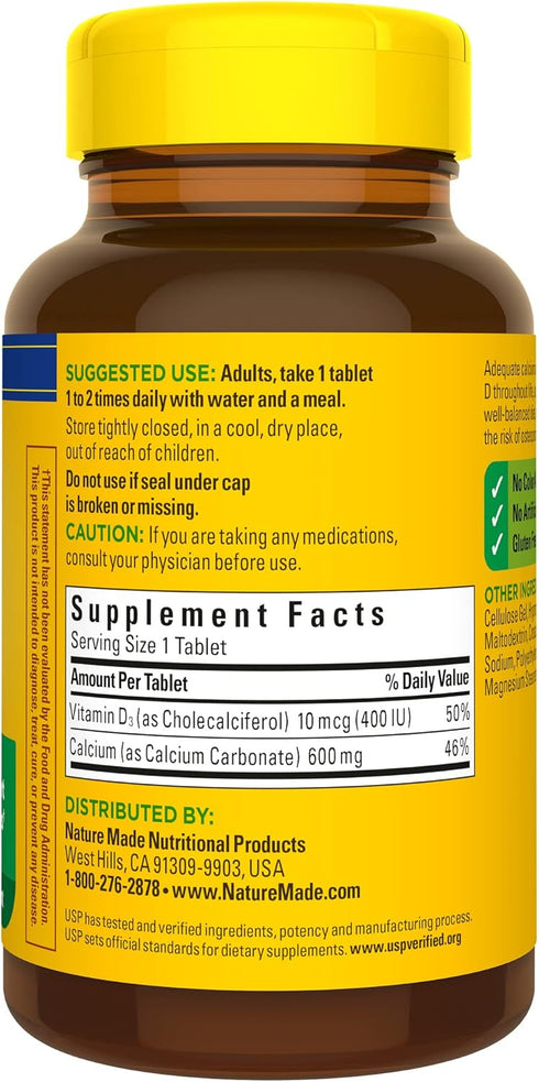 Nature Made Calcium 600 mg with Vitamin D3 - Dietary Supplement for Bone Support, 120 Tablets (Pack of 3)