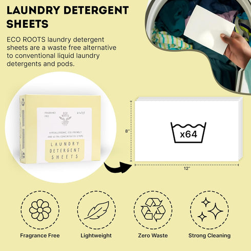 ECO ROOTS Laundry Detergent Sheets, 64 Loads, Unscented Liquidless Travel Size Laundry Strips