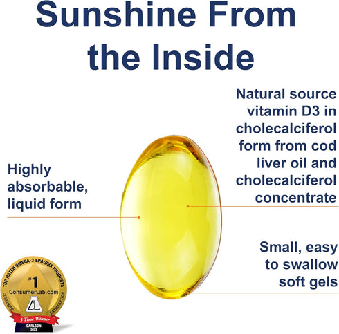 Carlson Solar D Gems, Vitamin D3 and Omega-3 Supplement, 360 Softgels, Bone & Immune Health, Lemon Flavor