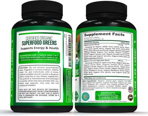 Organic Superfood Greens, Fruit and Veggies Supplement Rich in Vitamins & Antioxidants with Alfalfa, Beet Root & Tart