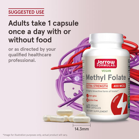 Jarrow Formulas Extra Strength Methyl Folate 400 mcg, 60 Veggie Capsules for Cardiovascular Health