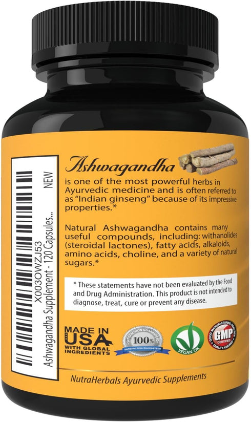 Ashwagandha Supplement, Premium Ashwaganda Root Powder 1200mg with Black Pepper Extract, 120 Vegi Capsules