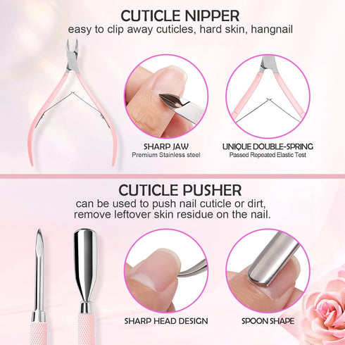 Makartt Nail File and Buffer, Pink Basic Nail Prep Kit with Cuticle Trimmer, Beginner Manicure Kit Nail Care Kit with Cuticle Clipper, Cuticle Trimmer and Nail Brush for Natural Acrylic Nails(7pcs)