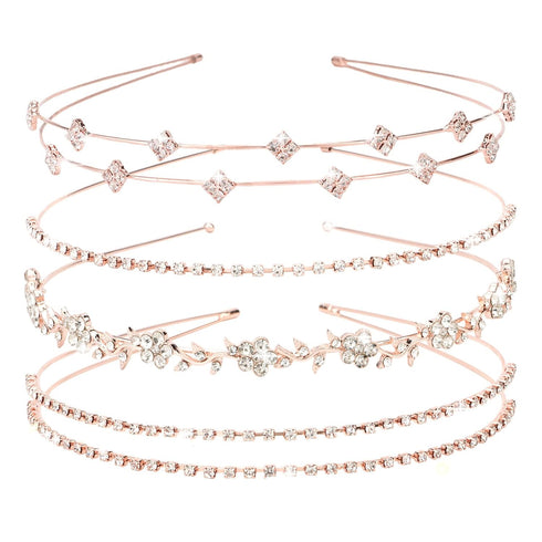 Jaciya Rhinestone Headband, 4 Pieces Rose Gold Bridal Headbands, Crystal Bling Hair Accessories