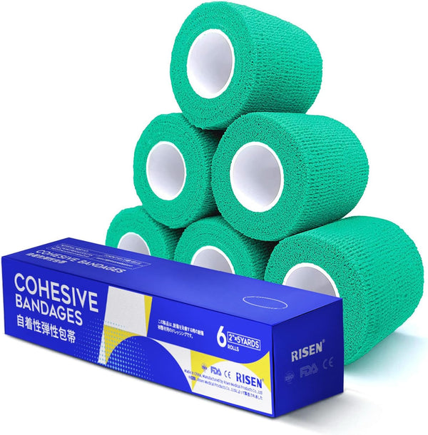 RISEN Cohesive Bandage 2” x 5 Yards, 6 Rolls, Self Adherent Medical Tape for First Aid and Athletic Use