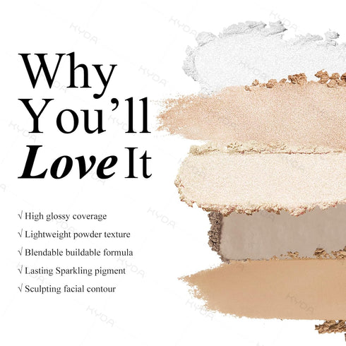 KYDA Face Highlighter Palette, High Glossy Illuminator, Natural Glow Finish, Smooth Baked Powder, SUN GLOW