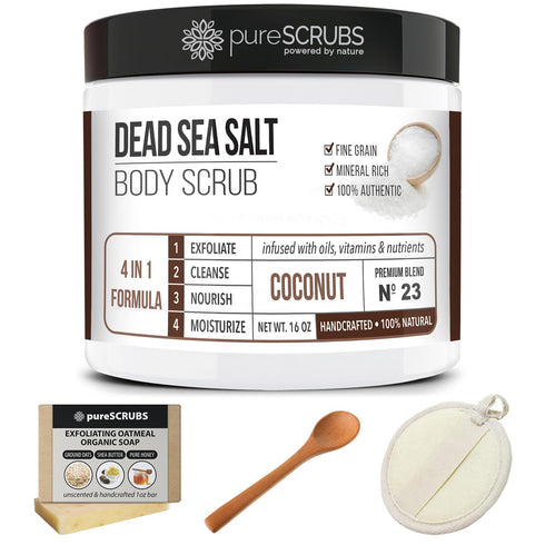 pureSCRUBS Premium Coconut Body Scrub Set - Large 16oz Dead Sea Salt Scrub with Essential Oils & Nutrients