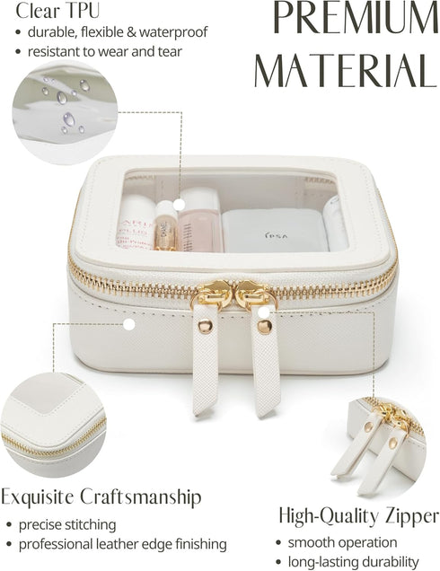Small Cosmetic Bag for Purse Mini Makeup Bag for School Cute Clear Make Up Pouch for Travel Tiny Leather White Make Up Organizer Case for Backpack Toiletry Bag Waterproof Square Pouch with Zipper