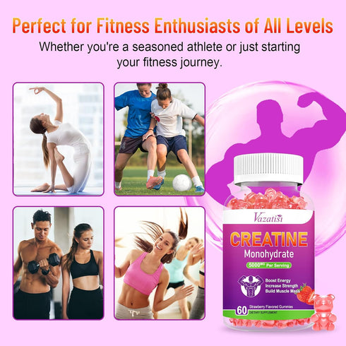 Creatine Monohydrate Gummies 5g for Women & Men, 60 Count | Sugar Free Vegan Supplement, Natural Strawberry Flavor
