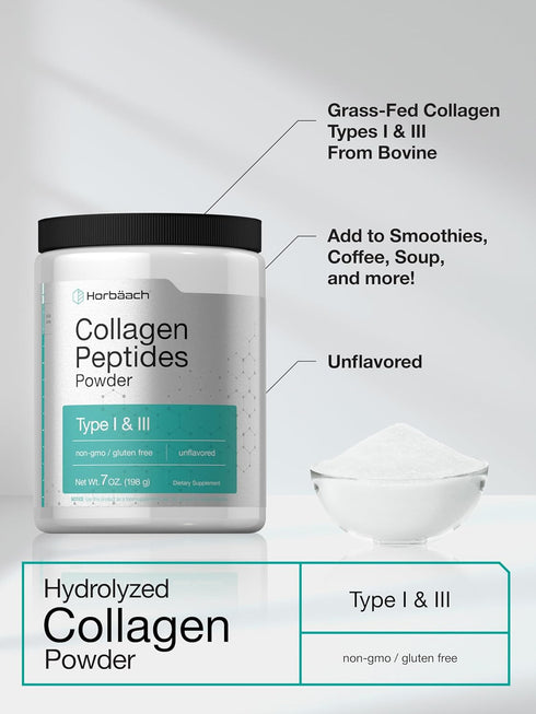 Horbaeach Collagen Peptides Powder 7oz | Unflavored Multi Collagen Protein and Amino Acids | Type I and III | Gluten