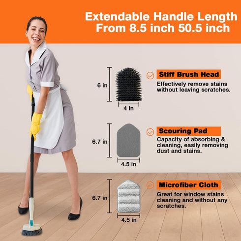 3 in 1 Scrub Cleaning Brush with Long Handle 51'', Shower Bathtub Tub & Tile Scrubber Brush, Includes 1 Stiff Brush