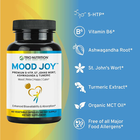 Trio Mood Joy | Premium 5-HTP, St Johns Wort, Ashwagandha & Turmeric | Mood Support Supplement, 60 Day Supply