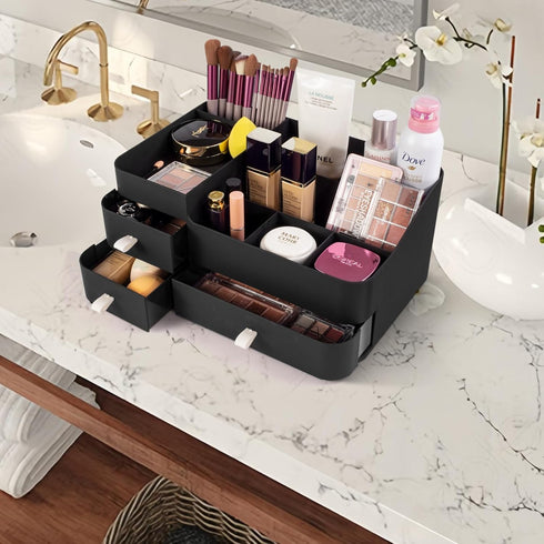 Large Makeup Organizer for Vanity - Countertop Storage with Drawers for Skincare, Brushes, and Cosmetics (Black)