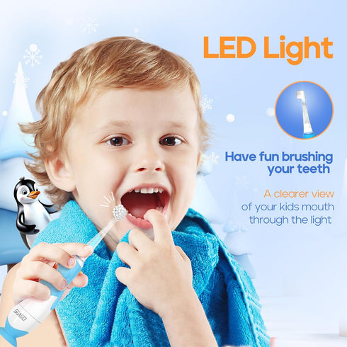 SEAGO Toddler Electric Toothbrush for Ages 0-3, Smart Timer, Suction Base, 4 Replacement Brushheads (Blue-C)