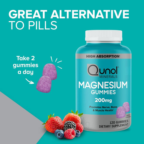 Qunol Magnesium Gummies 200mg, High Absorption Magnesium Supplement, Supports Nerve, Bone, Muscle Health, 120 Count