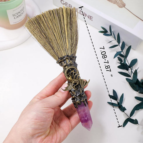Natural Crystal Broom Magic Sweeper Amethyst Tower Broom Healing Crystal Point Witch Altar Supplies for Crystal Therapy