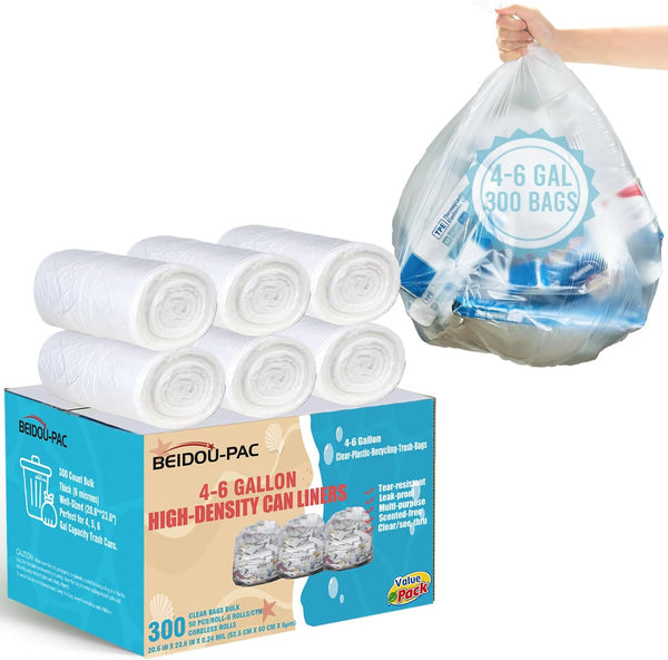 4-6 Gallon Trash Bags, 300 Count Bulk, Clear Plastic Recycling Bags for Business, Home, Bathroom, Kitchen