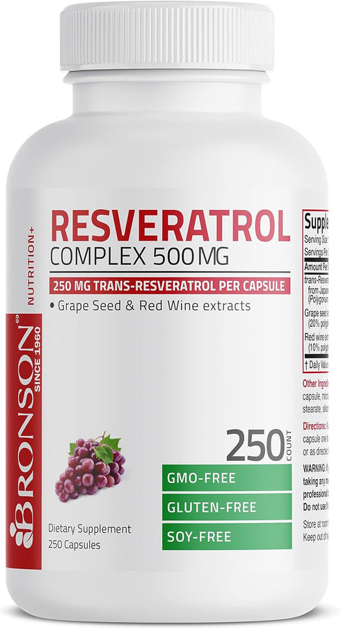Bronson Resveratrol 500 Complex, Standardized Trans-Resveratrol with Grape Seed & Red Wine Extract, 250 Capsules