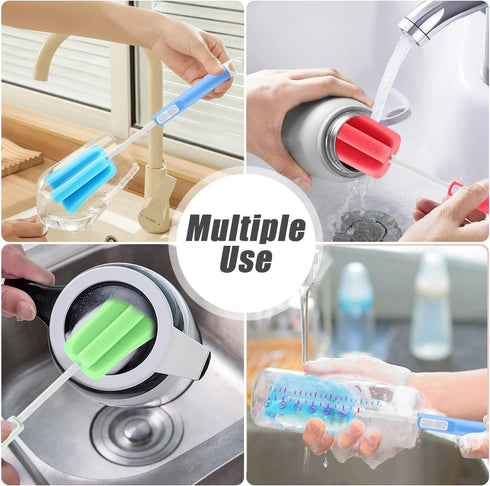 3 Pack Soft Foam Sponge Cleaning Brush Set, Adjustable Long Plastic Handle, Bottle Scrubber for Home Kitchen