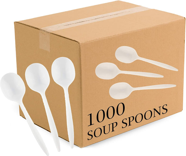 Plasticpro Medium Weight Disposable Soup Spoons - 1000 Count, Plastic Silverware, White