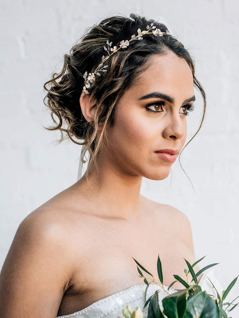 SWEETV Handmade Wedding Headband Flower-Leaf Bridal Headpieces for Wedding Hair Accessories Brides Hair Pieces Gold