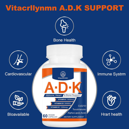 ADK Vitamin Supplement 20000 IU - High Potency A, D3, K1 for Heart, Bone Health, 60 Capsules