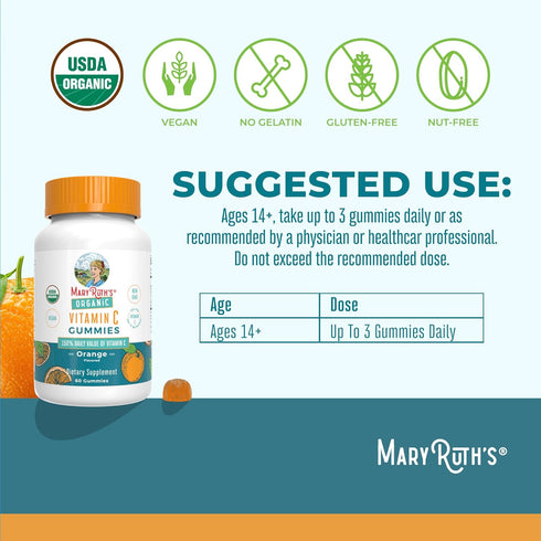Gummies Gummies 14+ Immune 60 Count MARYRUTH'S Adult Vitamin C | USDA Organic | Vegan Chewable Vitamin C for Ages |