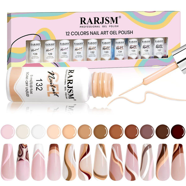 RARJSM Gel Paint for Nail Art, Nude Liner Gel Polish Set, 12 Colors with Thin Sharp Brush