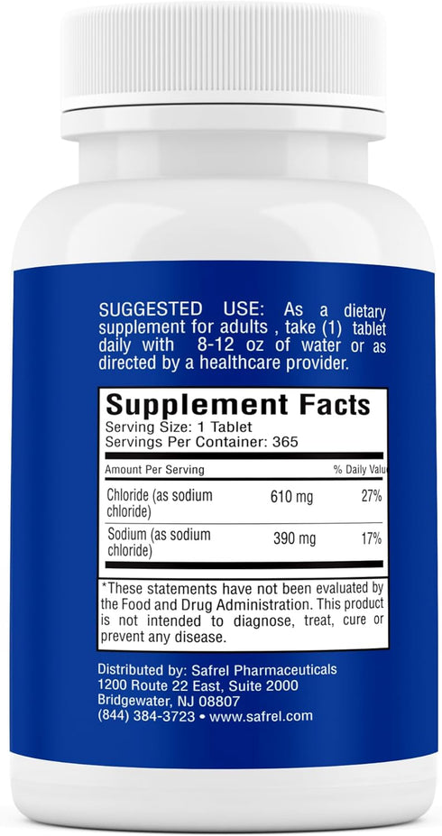 Safrel Sodium Chloride Tablets 1000 mg | 365 Count | Normal Salt Tablets | Electrolytes Replenisher, Vegan, Gluten