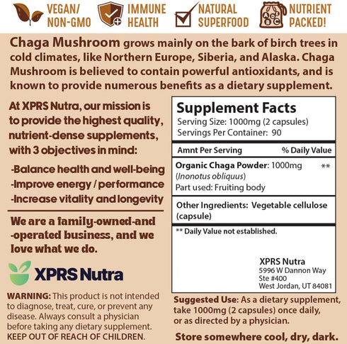 Immunity 180 Count XPRS Nutra Chaga Mushroom Capsules - Premium Chaga Mushrooms Capsules- Encapsulated Chaga Mushroom