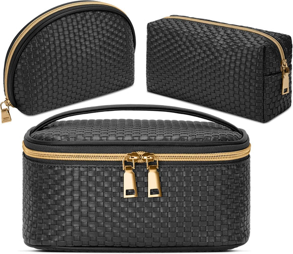 KTMOUW Makeup Bag, 3 Pcs Waterproof Cosmetic Bag Set, Portable Travel Organizer for Women, Black
