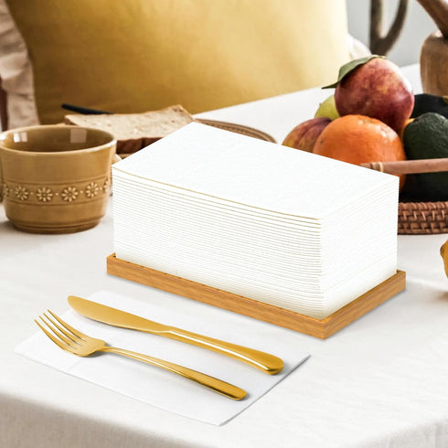 KAMMAK White Cloth Like Dinner Napkins, Disposable Thick Paper Napkins with Pre-Folded Silverware Pocket, 100 Pack