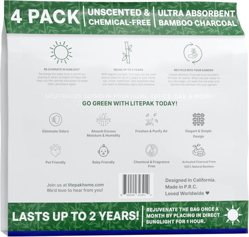 Litepak Shoe Deodorizer and Odor Eliminator: Activated Charcoal Absorber for Shoes, Gym Bags, Natural Bamboo Freshener