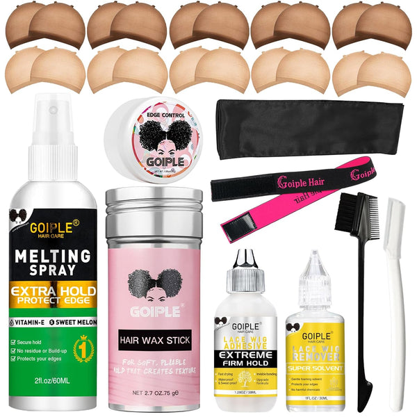 Wig Accessory Essentials Kit, 29PCS Lace Front Wig Glue & Remover, Wig Caps, Elastic Band, Hair Wax Stick, Edge Control