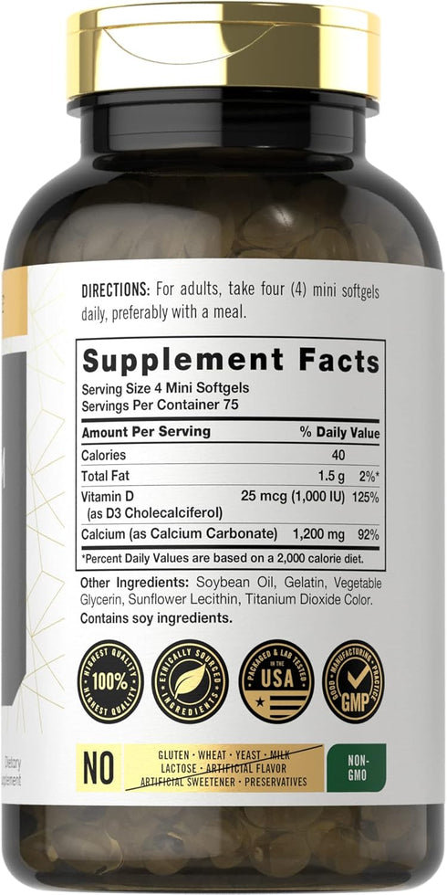 Carlyle Calcium 1200 mg with Vitamin D3 | 300 Mini Softgels | Non-GMO and Gluten Free Supplement