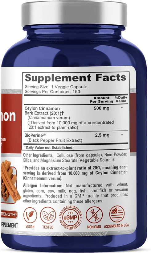 NusaPure Ceylon Cinnamon 20:1 Extract, 500 mg Equivalent to 10,000 mg Per Caps, 150 Veggie Capsules