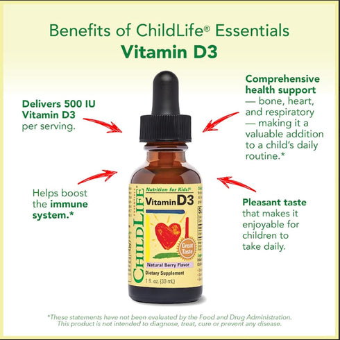 CHILDLIFE ESSENTIALS Vitamin D3 Drops for Kids, 500 IU per Drop, Natural Berry - 1 Fl Oz (Pack of 3)