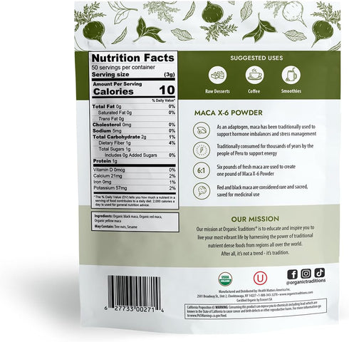 Organic Traditions Maca X-6 Black and Red Powder, Organic Maca Root Powder, 150g/5.3oz