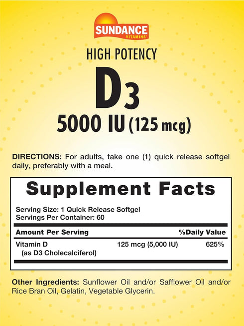 Sundance D3 5,000 IU (125 mcg) | 60 Quick Release Softgels | High Potency Essential Vitamin Supplement | Non-GMO and Gluten Free