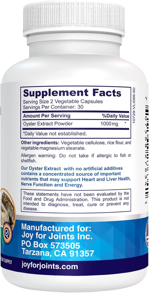 Oyster Extract - Pure, Highly Concentrated Supplement for Men & Women, 500 mg, 60 Veg Capsules - Energy & Immune Boost