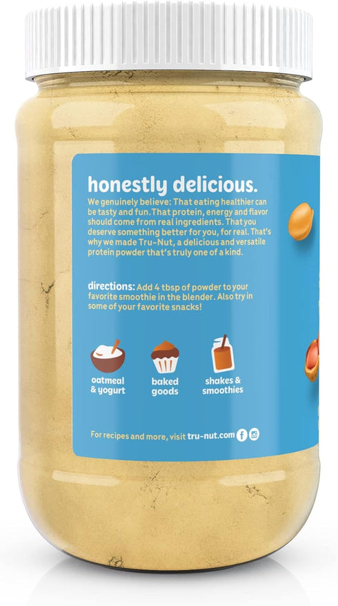Tru-Nut Plant Based Peanut Butter Protein Powder - Vegan, Non-Dairy, Gluten Free, Natural Protein Powder, 16oz