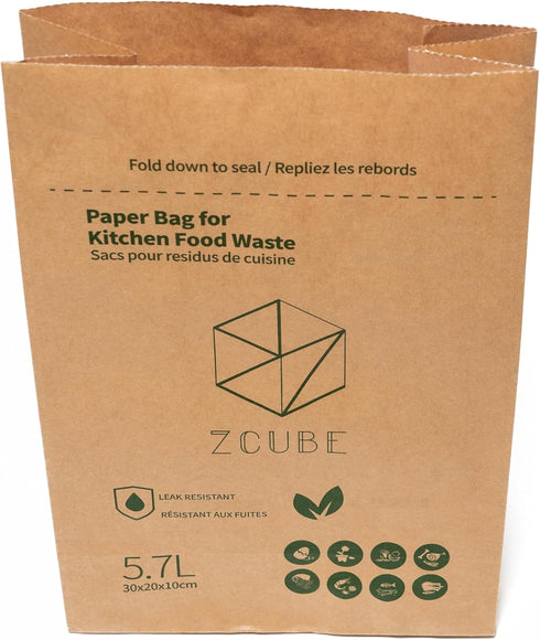 Zcube Kitchen Food Waste Paper Bag, Sets of 6, Leak Resistant Liner, Size Small, 60 Bags