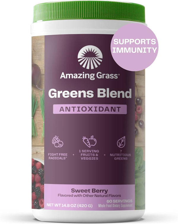 Amazing Grass Greens Superfood Antioxidant Powder: Organic Spirulina, Beet Root, Elderberry & Probiotics, Sweet Berry,