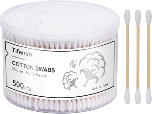 tifanso 500 Count Cotton Swabs, Natural Double Round Strong Wooden Cotton Tip Sticks Buds for Ears, Cruelty-Free with