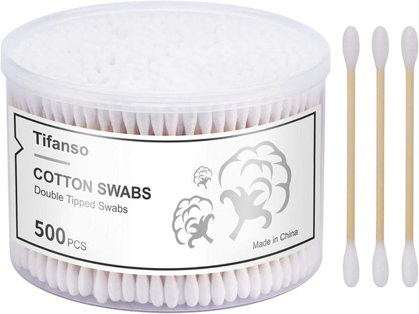 tifanso 500 Count Cotton Swabs, Natural Double Round Strong Wooden Cotton Tip Sticks Buds for Ears, Cruelty-Free with