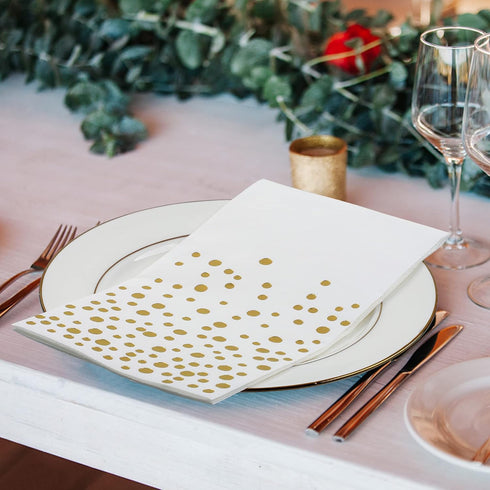 Pack 120 of Gold Foil Guest Napkins White and Golden Polka Dots Disposable Hand Towels Metallic Dinner Paper Napkins