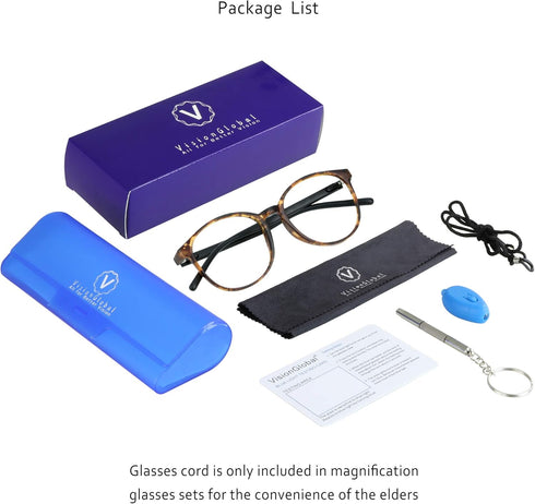 VisionGlobal Blue Light Blocking Glasses for Women/Men, Anti Eyestrain, Stylish Oval Frame, Tortoise, +1.75