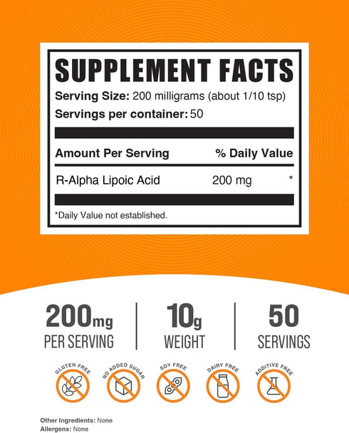 BulkSupplements.com R-Alpha Lipoic Acid Powder - R-ALA Supplement, R Alpha Lipoic Acid 200mg - Antioxidants Supplement, Gluten Free, 200mg per Serving, 10g (0.35 oz) (Pack of 1)